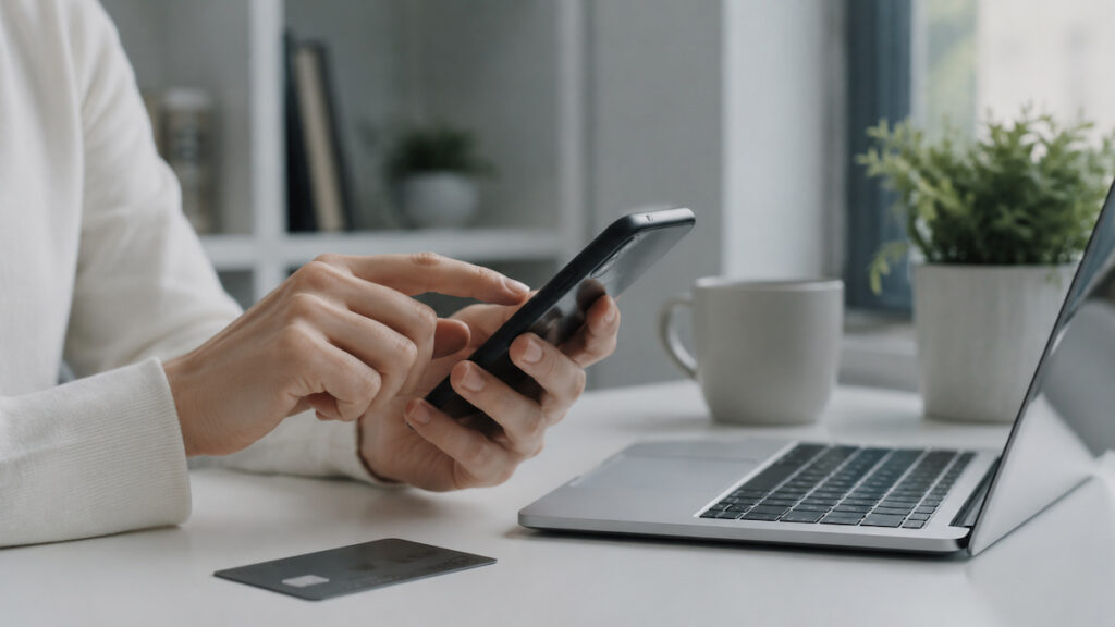 Pessoa utilizando um smartphone em uma mesa de trabalho organizada, ao lado de um notebook, um cartão bancário sem identificação, uma caneca e uma planta. O ambiente é iluminado por luz natural, com decoração minimalista e cores neutras, representando o uso de bancos digitais e a integração da tecnologia na gestão financeira cotidiana.