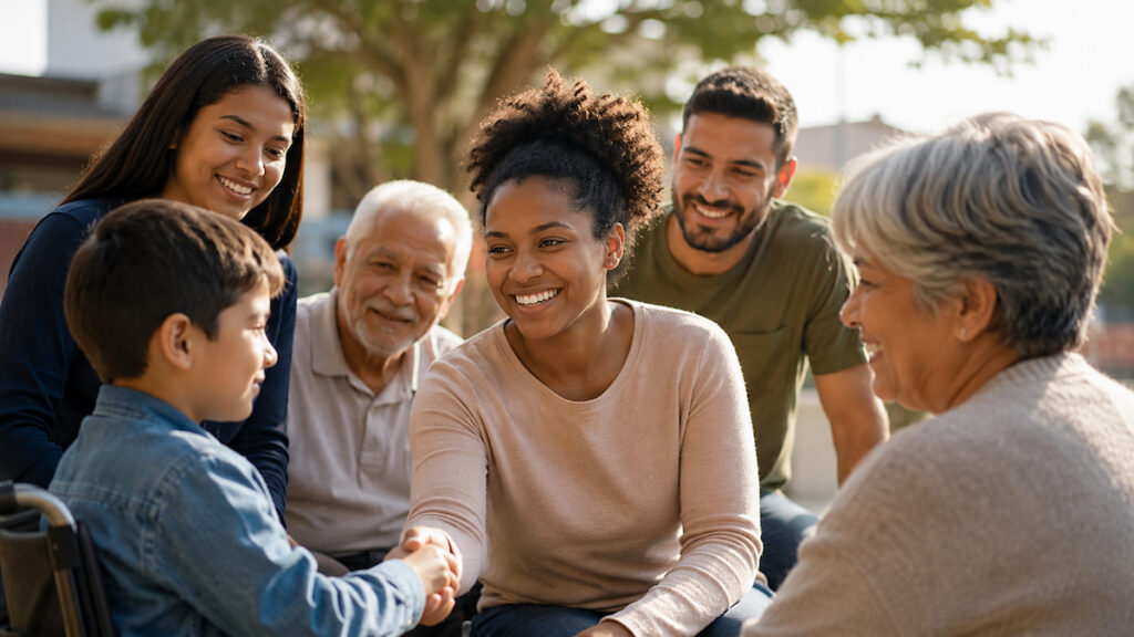 Grupo diverso de pessoas de diferentes idades reunido ao ar livre em um parque, sorrindo e interagindo de forma acolhedora. No centro, uma mulher aperta a mão de um menino sentado em uma cadeira de rodas, enquanto outros adultos e um idoso acompanham a cena com expressões de apoio e alegria. Ao fundo, árvores e vegetação desfocadas criam um ambiente tranquilo, simbolizando inclusão, convivência, solidariedade e desenvolvimento social.
