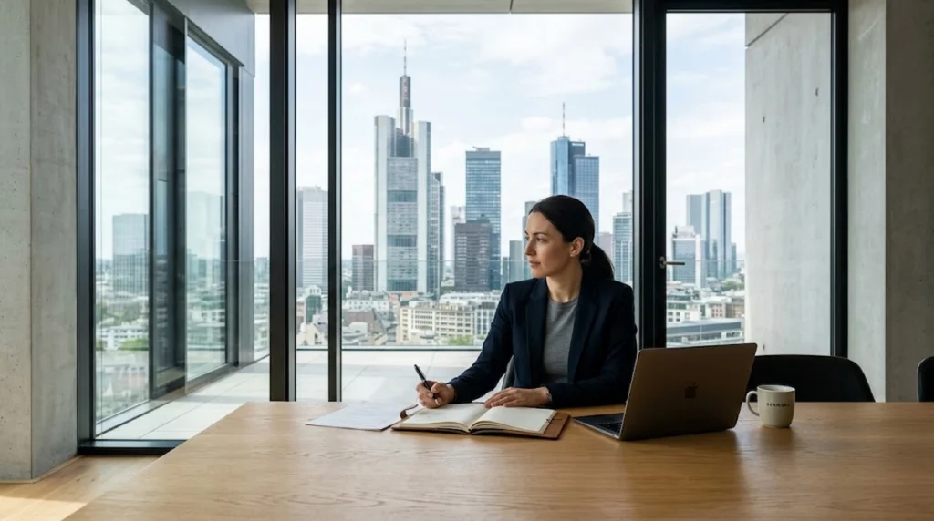 Businesswoman at a conference table with a laptop, looking out a window at city skyscrapers.