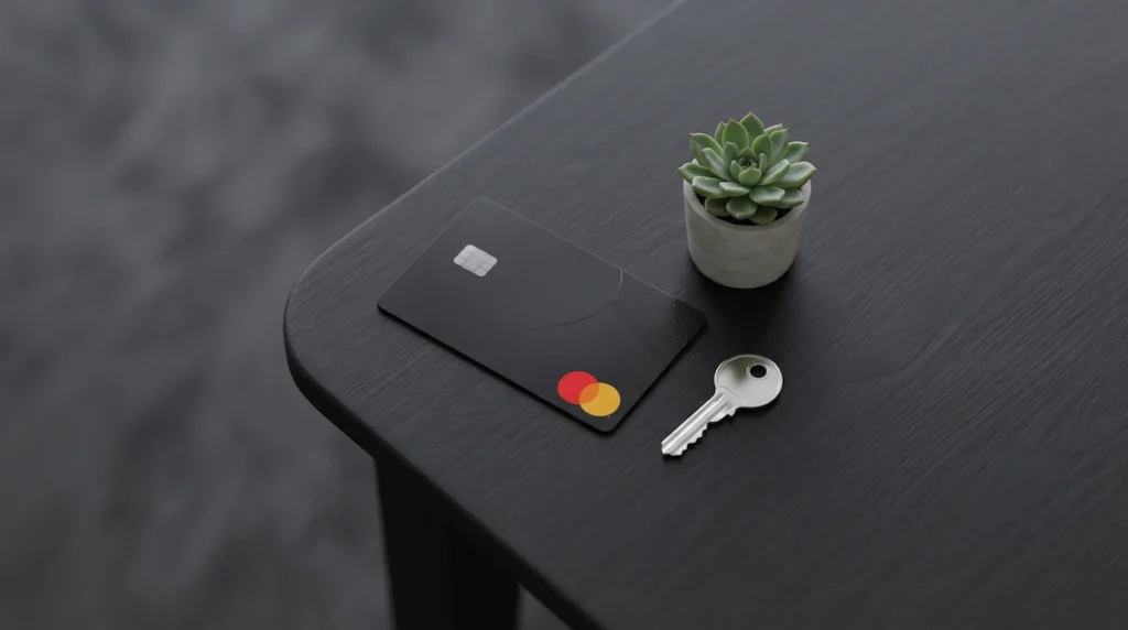 Uma imagem em close-up de um cartão de crédito preto com o logotipo Mastercard na parte inferior direita. O cartão está deitado em uma mesa de madeira preta.